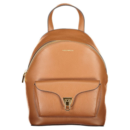 Coccinelle Brown Leather Women Backpack with adjustable straps and twist closure, showcasing Italian craftsmanship and modern design.