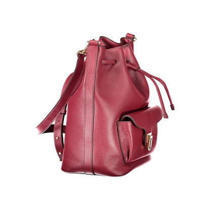 Coccinelle Purple Leather Women Handbag with adjustable strap and twist closure, side view showing external pocket and Italian crafted design.