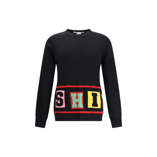 Comme Des Garçons Black Marabou Sweatshirt with colorful lettering, featuring long sleeves and a straight hem for contemporary style.