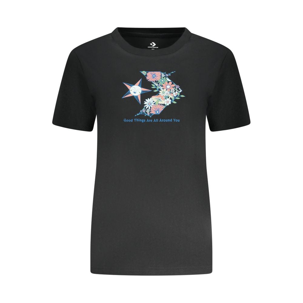 Converse Black Cotton Women T-Shirt with floral design and logo on front, slim fit crew neck style.