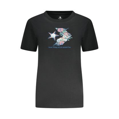 Converse Black Cotton Women T-Shirt with floral design and logo on front, slim fit crew neck style.