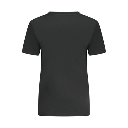 Back view of Converse Black Cotton Women T-Shirt with sleek design, showcasing slim fit and crew neck for casual chic style.