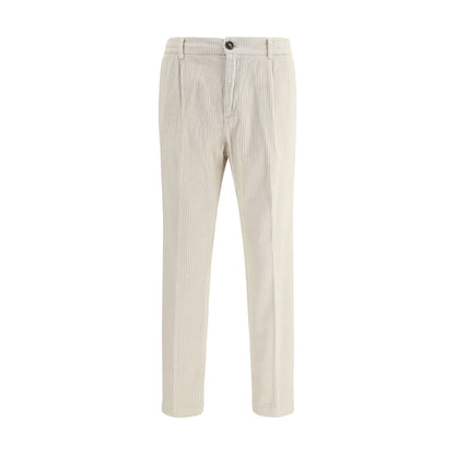 Cruna White Cotton Casual Pants with zip-and-button closure, belt loops, slim cut, ideal for AW25 season. 100% cotton material.
