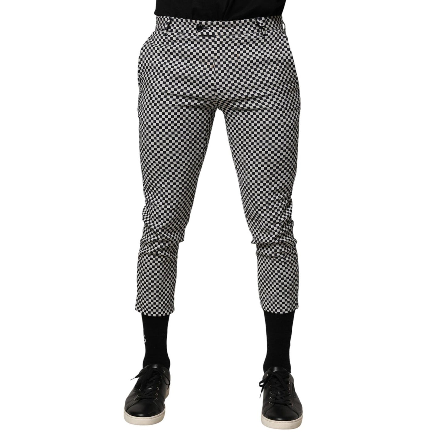 Daniele Alessandrini Black White Checkered Men Cropped Pants showcasing modern silhouette and mid-waist fit, perfect for casual streetwear.