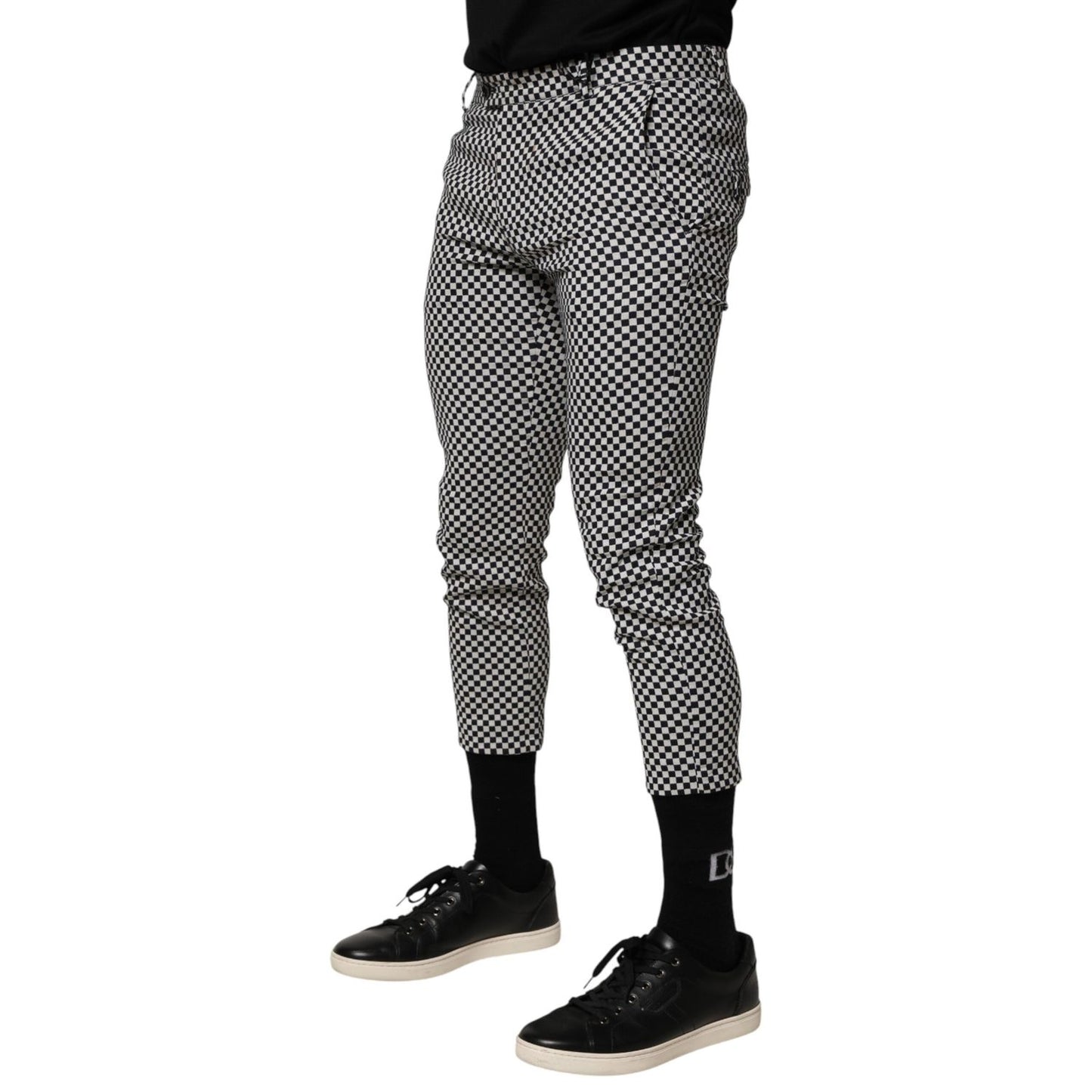 Daniele Alessandrini Black White Checkered Men Cropped Pants, stylish mid-waist fit, modern silhouette, versatile fashion statement.
