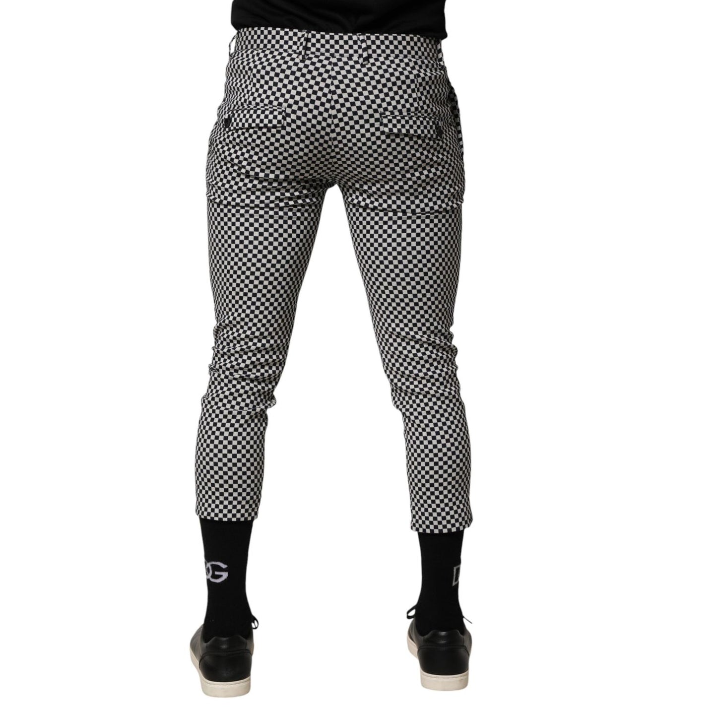 Daniele Alessandrini Black White Checkered Men Cropped Pants back view, high-quality denim, stylish mid-waist fit.