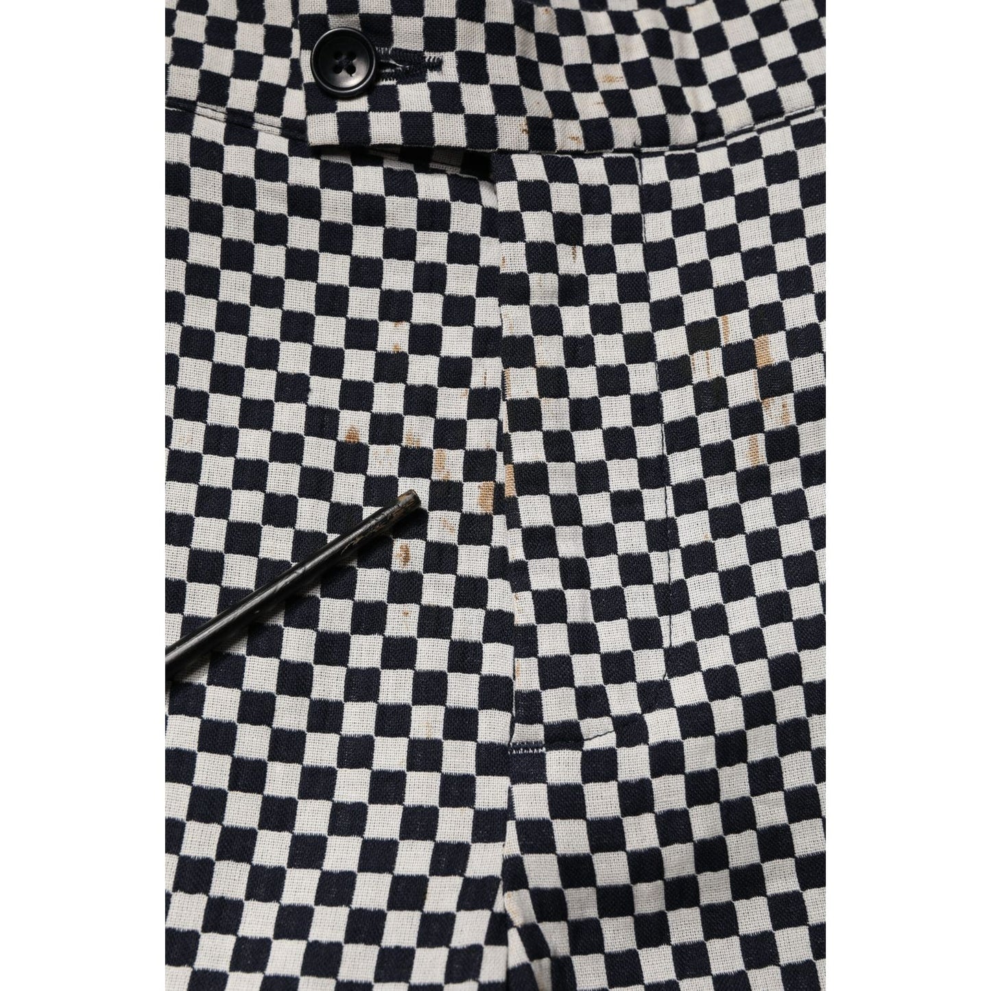 Detailed view of Daniele Alessandrini Black White Checkered Men Cropped Pants with button detail and checkered pattern.