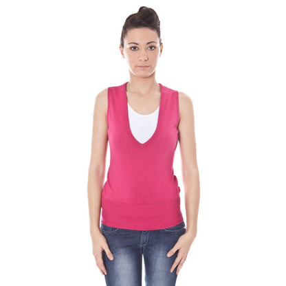 Woman wearing Datch Pink Cotton Waistcoat with V-neck and logo.