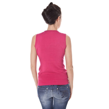 Back view of a woman wearing a Datch Pink Cotton Waistcoat with a V-neck design and logo emblem.