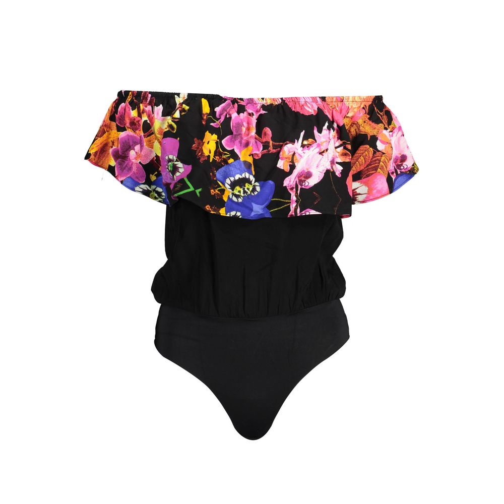 Desigual Black Elastane Bodysuit, sleeveless with shoulder flounce and contrasting floral details.