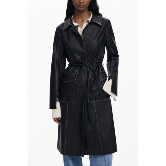 Desigual Black Polyethylene Women Coat with waist-cinching belt and contrasting accents.