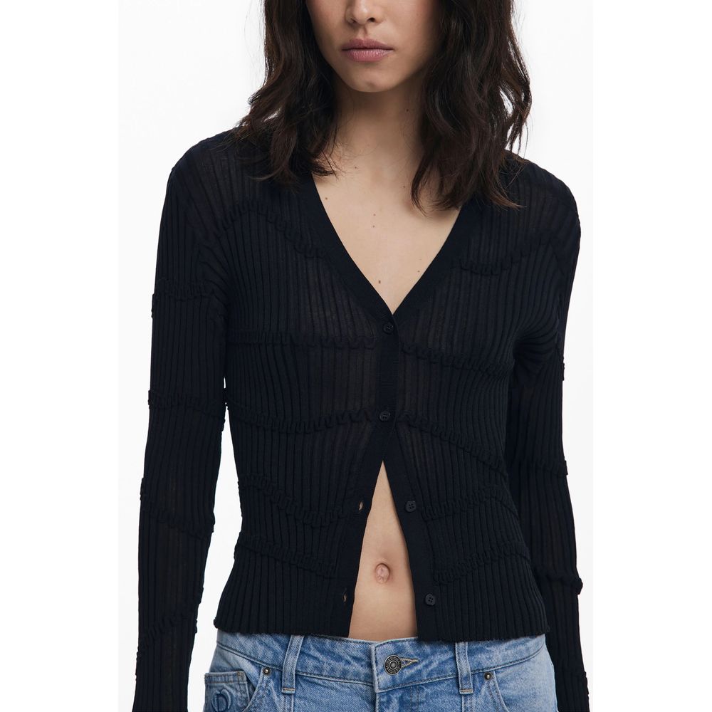 Alt Tag: Stylish woman wearing Desigual Black Viscose Women Cardigan with buttons, perfect for a trendy and versatile look.