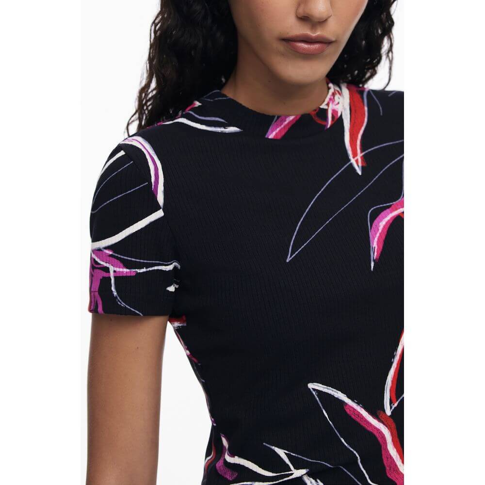 Desigual Black Viscose Women Top with bold signature print and short sleeves, featuring a stylish design on a timeless black background.
