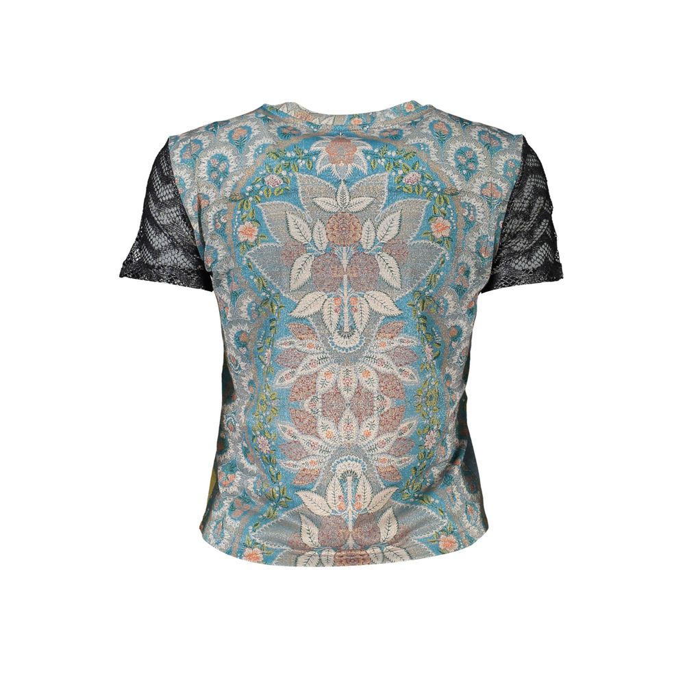 Back view of Desigual Blue Polyester Women T-Shirt with vibrant floral print and contrasting sleeves, showcasing unique design elements.