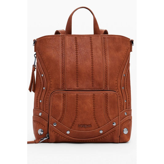 Desigual Brown Polyethylene Women Mini Backpack with elegant embroidery and adjustable straps for versatile wear.