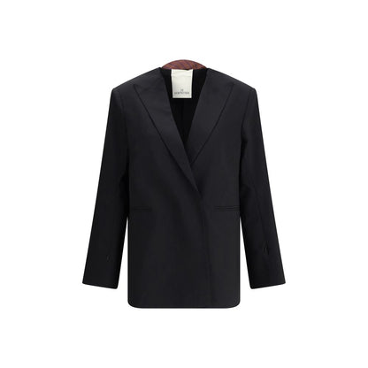 Di Stavnitser Black Polyester Blazer with raw-cut peaked lapels, concealed button closure, and welt pockets for elegant style.
