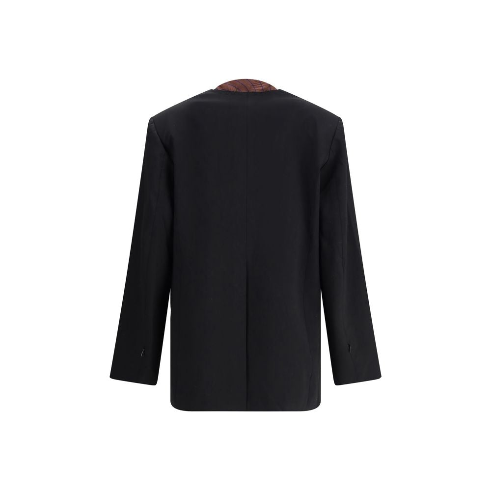 Di Stavnitser Black Polyester Blazer back view with raw-cut lapels and concealed button closure, showcasing contemporary elegance.