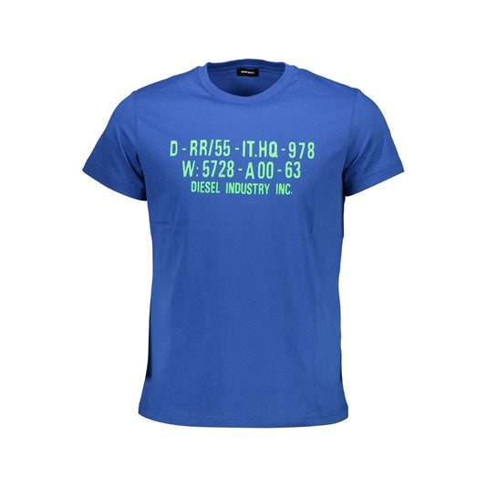 Diesel Blue Cotton Men T-Shirt with bold print and logo on front, showcasing modern casual style in vibrant blue shade.
