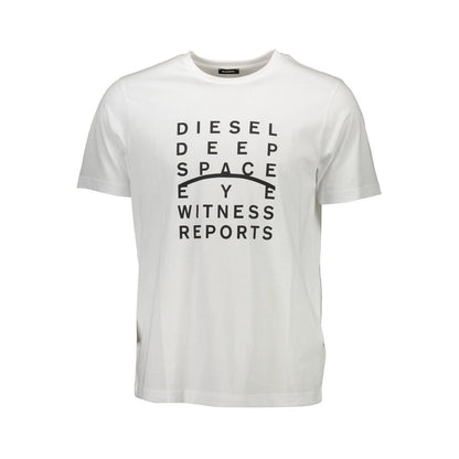 Diesel White Cotton Men T-Shirt with bold print and Diesel logo, stylish casual wear for modern fashion enthusiasts.