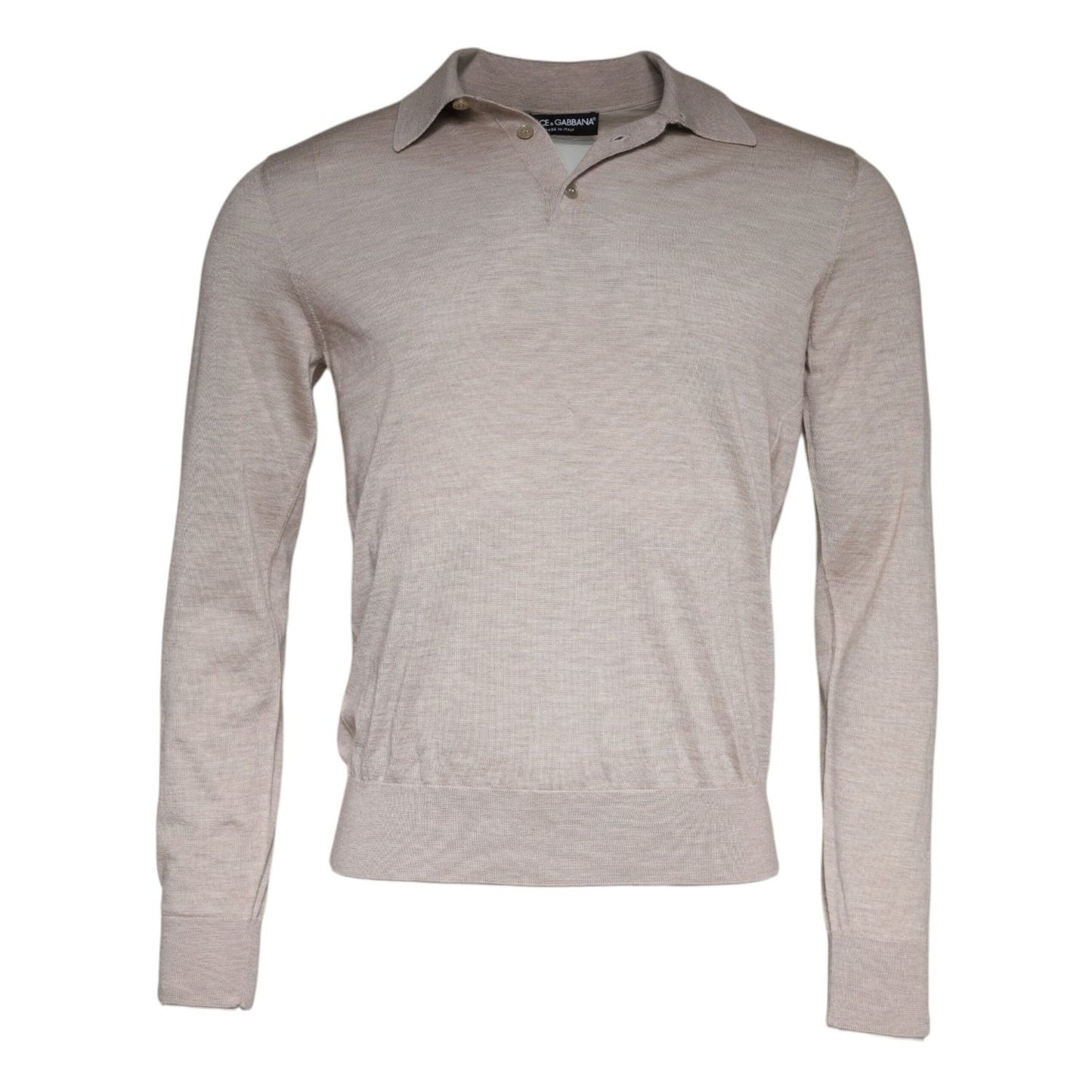 Dolce & Gabbana Beige Cashmere Knit Collared Pullover Sweater with button closure, logo details, and minor repaired rips.