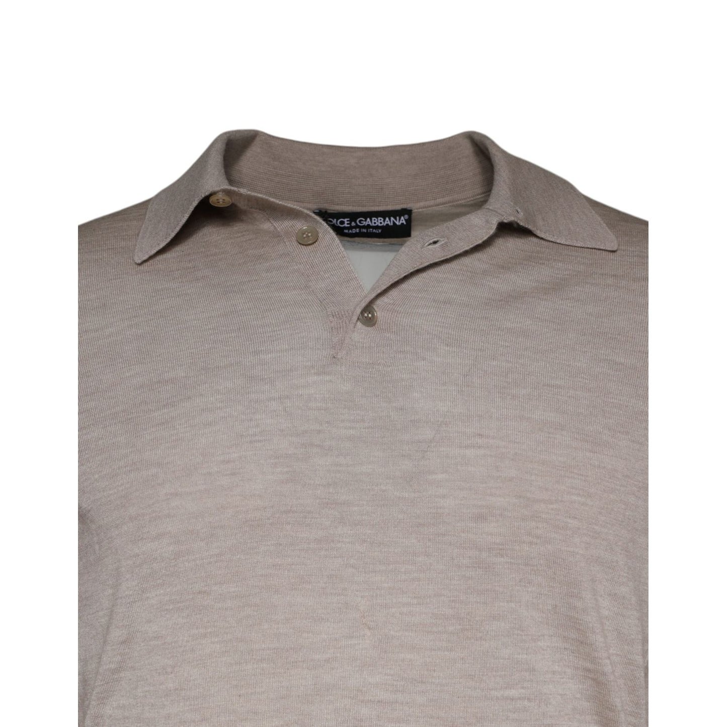Dolce & Gabbana Beige Cashmere Knit Collared Pullover Sweater with button closure showing logo details.