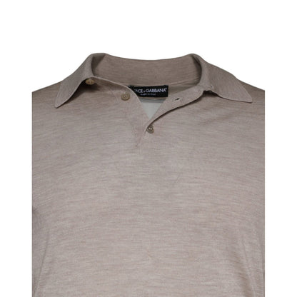 Dolce & Gabbana Beige Cashmere Knit Collared Pullover Sweater with button closure showing logo details.