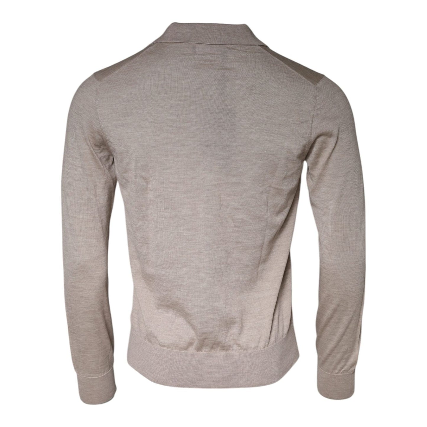 Dolce & Gabbana Beige Cashmere Knit Collared Pullover Sweater with button closure and logo details, back view.