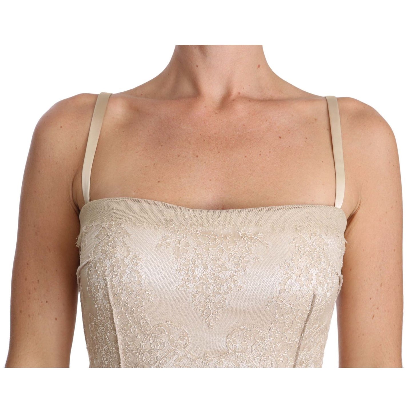 Dolce & Gabbana Beige Lace Spaghetti Strap Sheath Dress close-up showing lace detail and spaghetti straps.