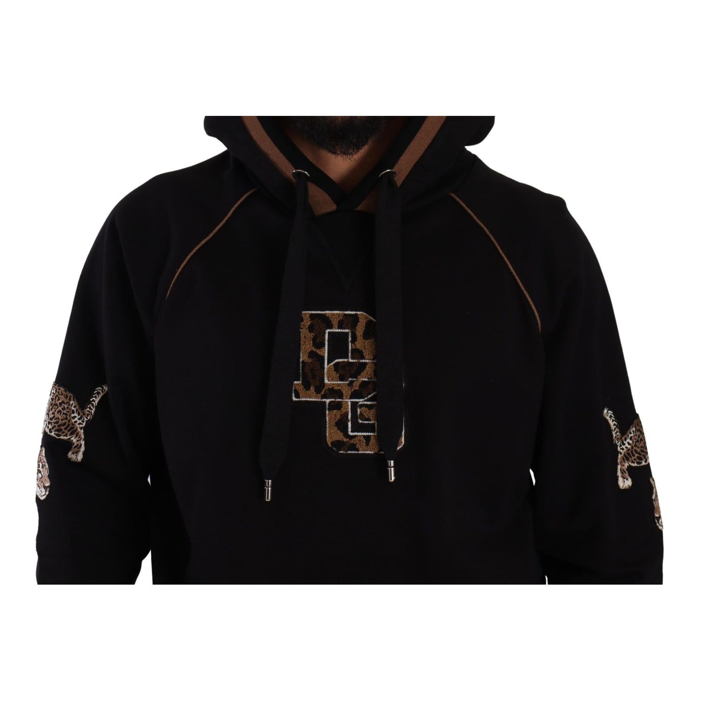 Dolce & Gabbana Black Brown Leopard Cotton Hooded Pullover Sweater with logo details, 100% cotton, made in Italy.