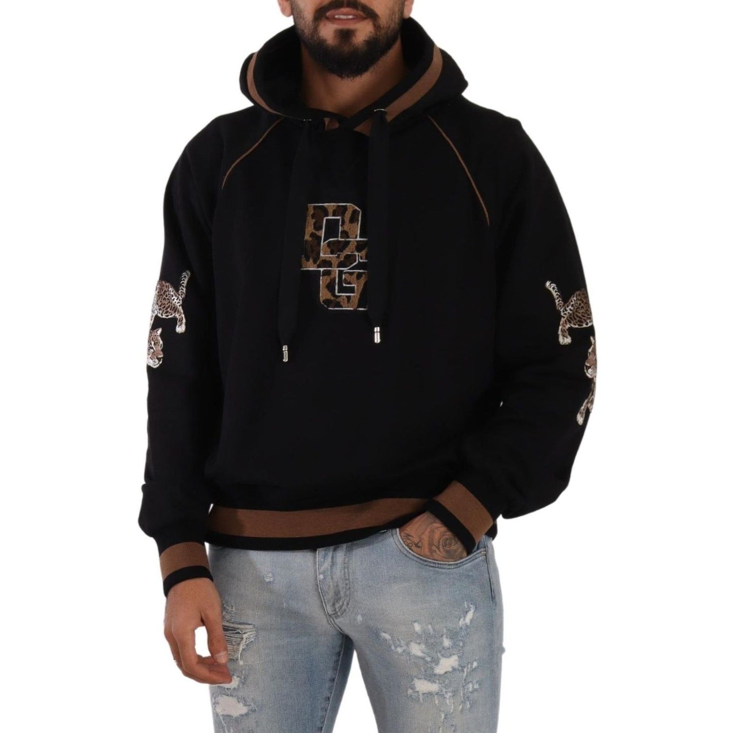 Dolce & Gabbana Black Brown Leopard Cotton Hooded Pullover Sweater with logo details, men's fashion, made in Italy.