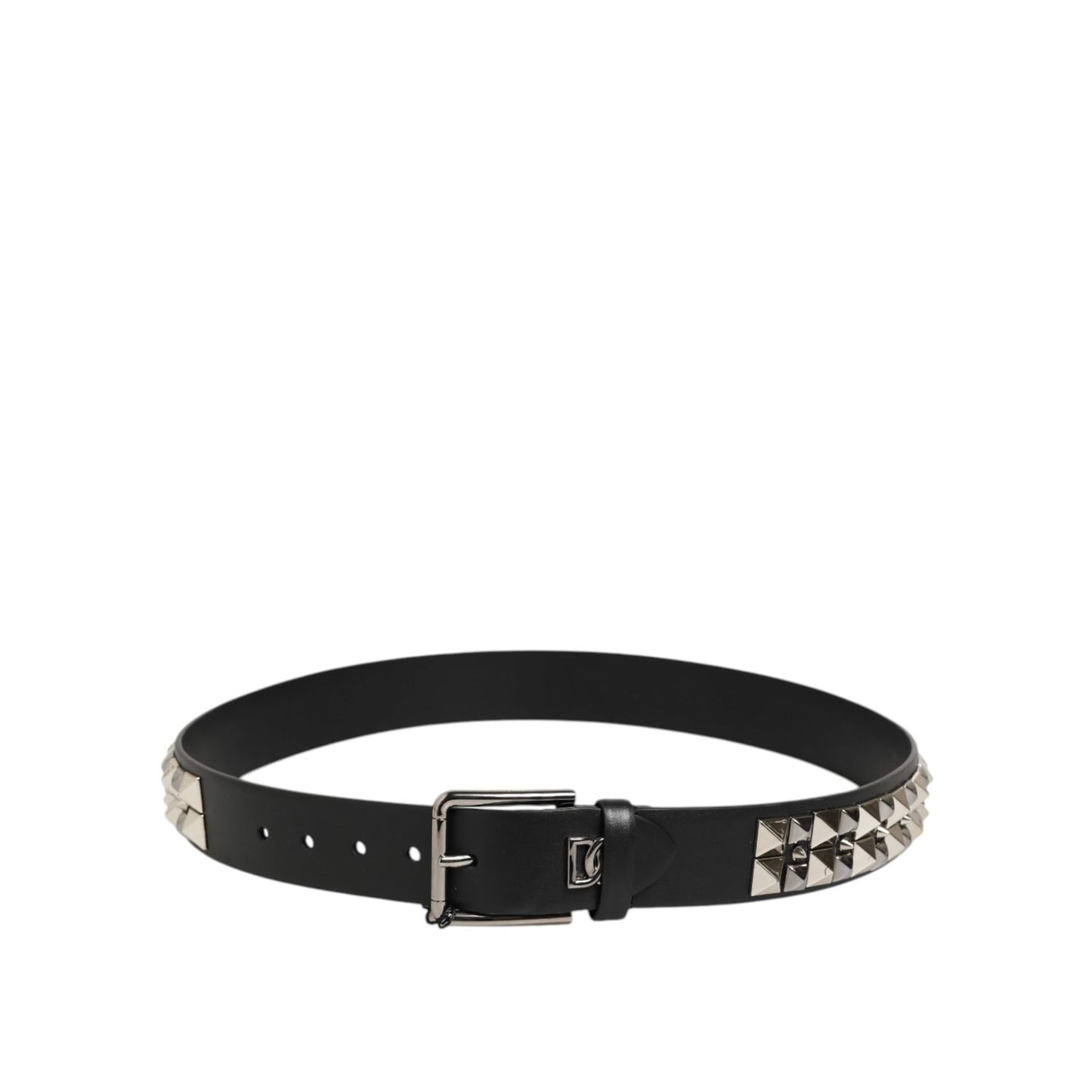 Dolce & Gabbana Black Calf Leather Studded Silver Buckle Belt