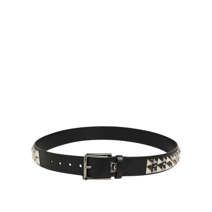 Dolce & Gabbana Black Calf Leather Studded Silver Buckle Belt