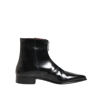 Dolce & Gabbana Black Calfskin Leather Men SHORT Boots Shoes with sleek silhouette and side zipper, perfect for versatile wear.