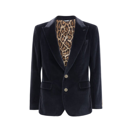 Dolce & Gabbana Black Cotton Blazer with velvet Sicily design, featuring peak lapels and button closure, ideal for formal occasions.
