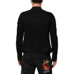 Back view of Dolce & Gabbana Black Cotton Denim Stretch Button Up Jacket on model, showcasing tailored fit and Italian craftsmanship.