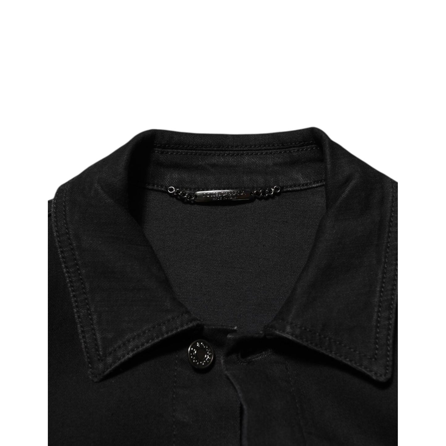 Dolce & Gabbana Black Cotton Denim Stretch Button Up Jacket collar detail
