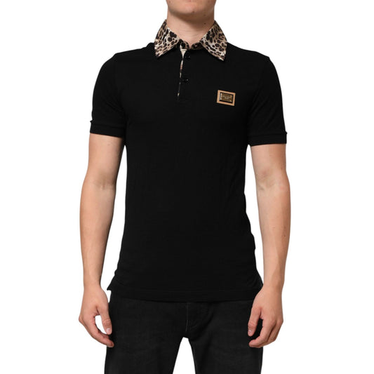 Dolce & Gabbana Black Cotton Leopard Collar Polo T-shirt THS90418-44