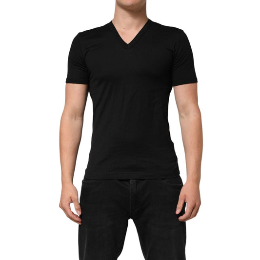 Dolce & Gabbana Black Cotton Plain V-Neck Men Shirt T-shirt TSH90618-44