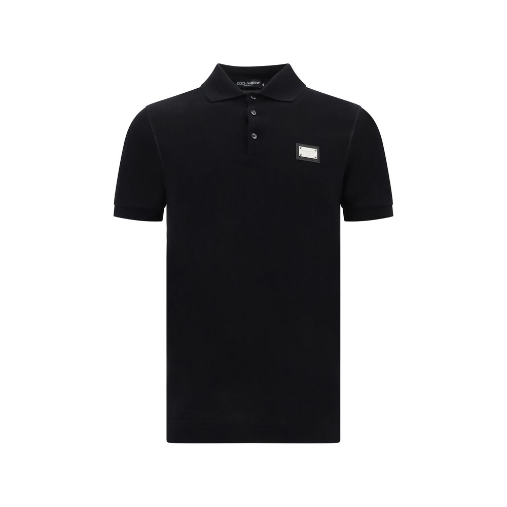 Dolce & Gabbana Black Cotton Polo Shirt with ribbed collar and D&G monogram plaque, made in Italy for AW25, 100% cotton.