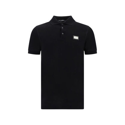 Dolce & Gabbana Black Cotton Polo Shirt with ribbed collar and D&G monogram plaque, made in Italy for AW25, 100% cotton.