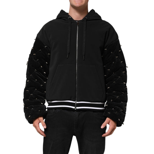 Dolce & Gabbana Black Cotton Quilted Studded Sleeve Hoodie Jacket JKT41536-L