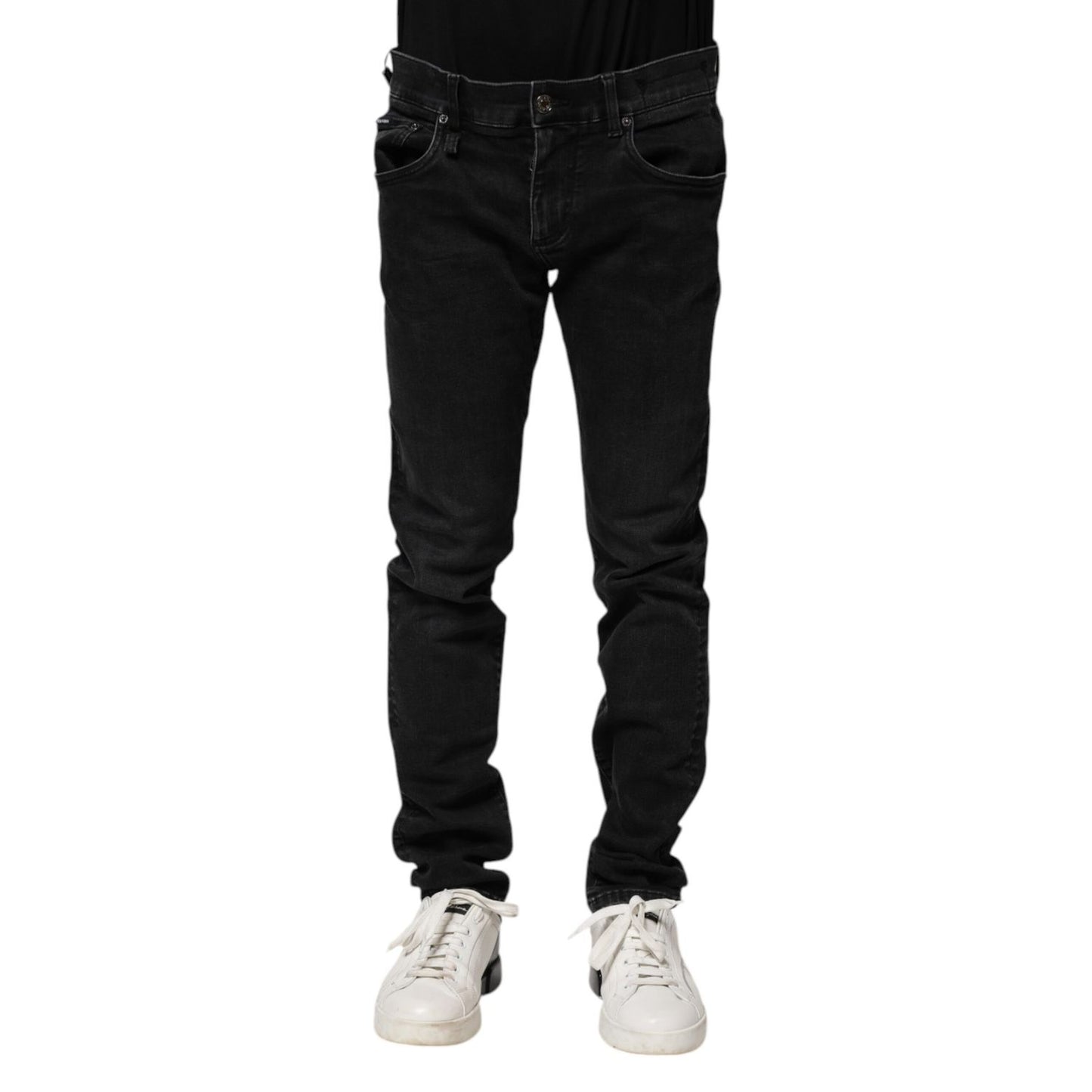 Dolce & Gabbana Black Cotton Skinny Men Denim Jeans with regular fit and logo details, showcasing luxury Italian craftsmanship.