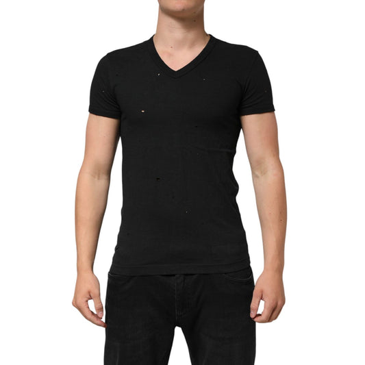 Dolce & Gabbana Black Cotton Tattered Logo V-Neck Men T-shirt TSH90561-44