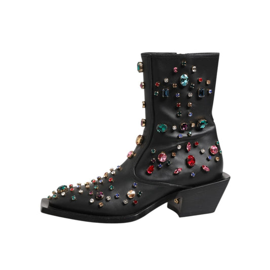 Dolce & Gabbana Black Crystal Cowboy Leather Men Boots Shoes MV7937-41