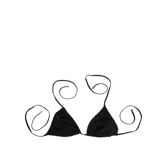 Dolce & Gabbana Black Embroidered Triangle Swimwear Underwear, chic bikini top with adjustable tie straps, elegant Italian design.