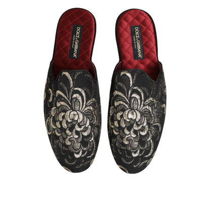 Dolce & Gabbana Black Floral Jacquard Slides Slippers Shoes