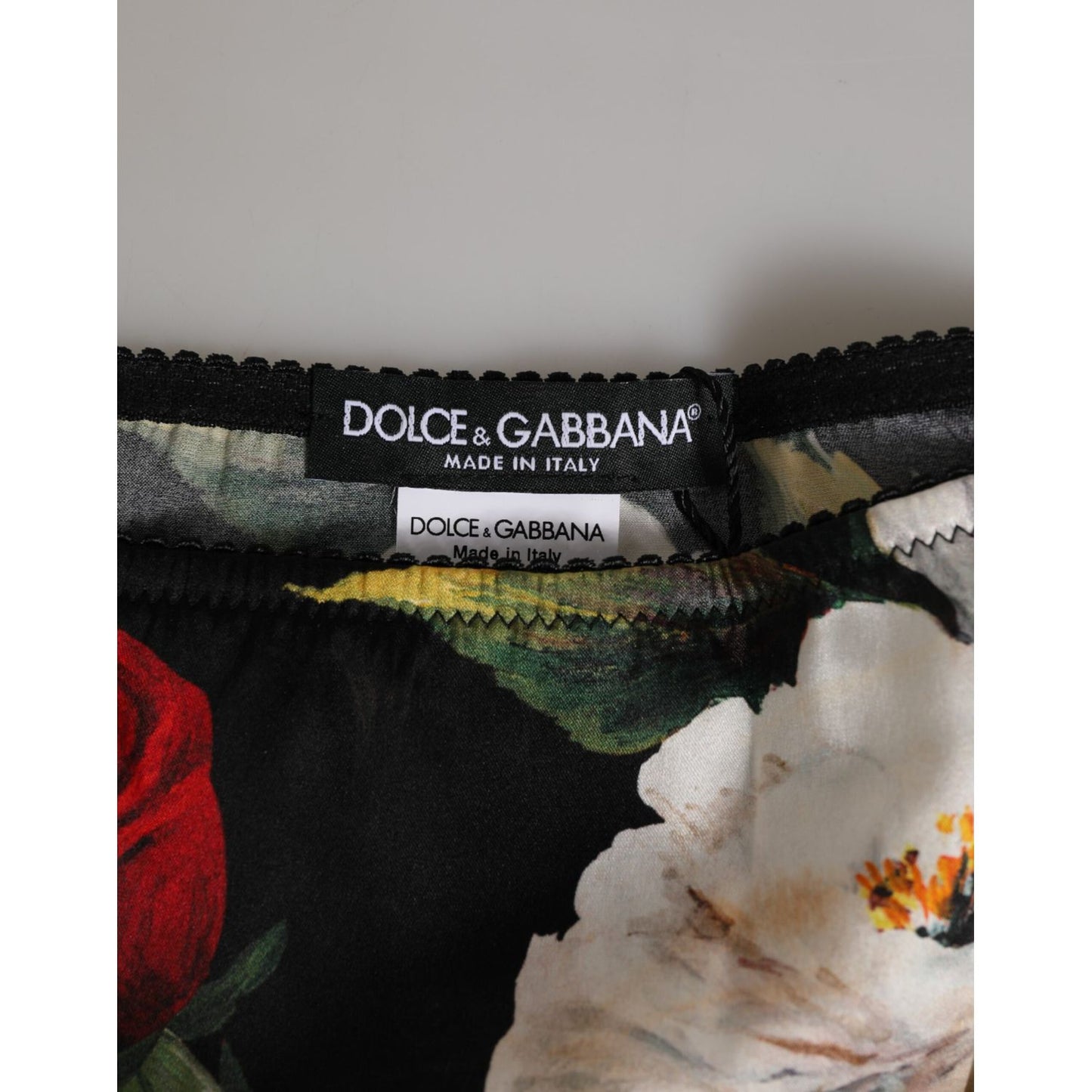 Dolce & Gabbana Black Floral Print Mid Waist Panty Underwear, made in Italy label detail with luxury floral design in black silk fabric.
