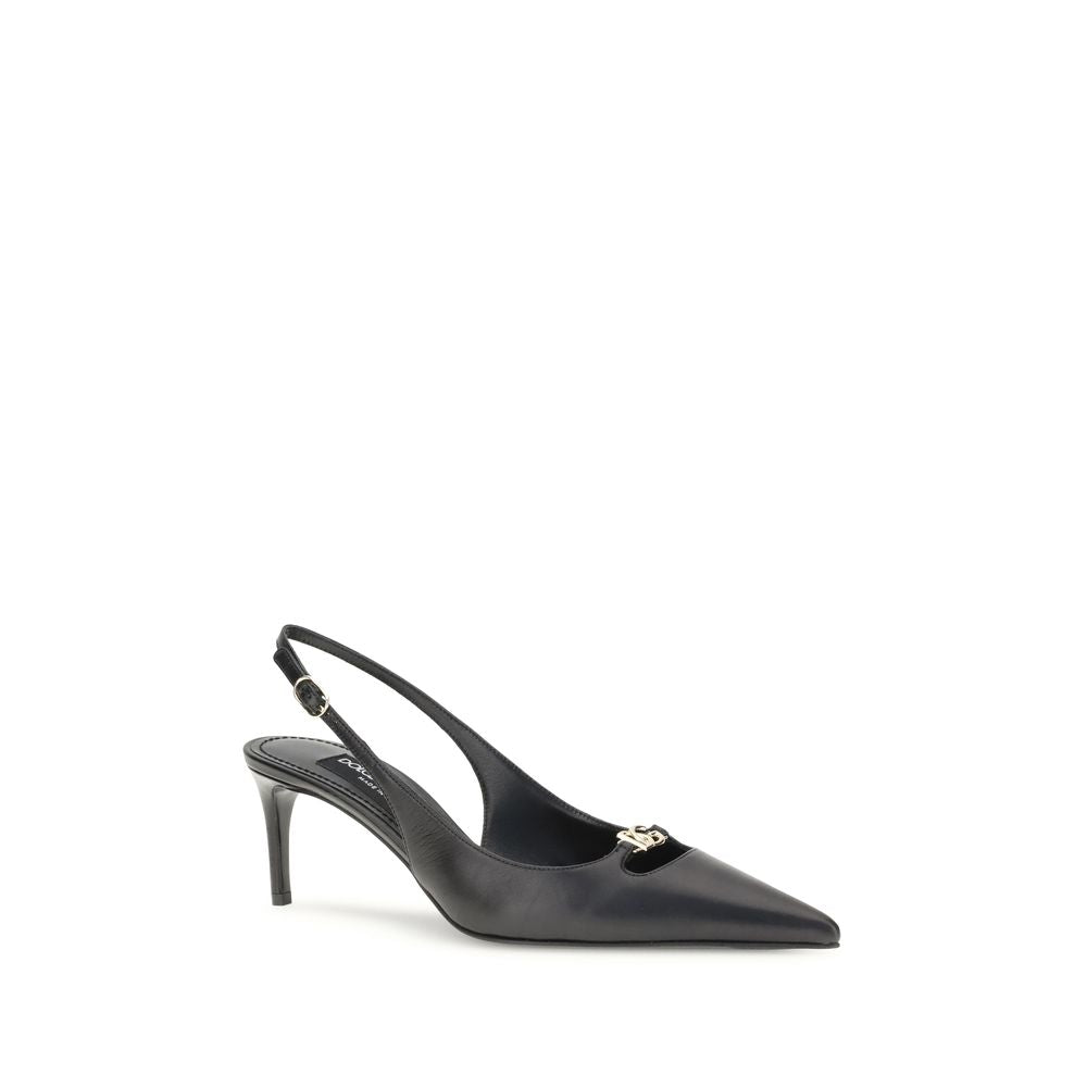 Dolce & Gabbana Black Goatskin High Heel Pumps with gold logo and adjustable strap