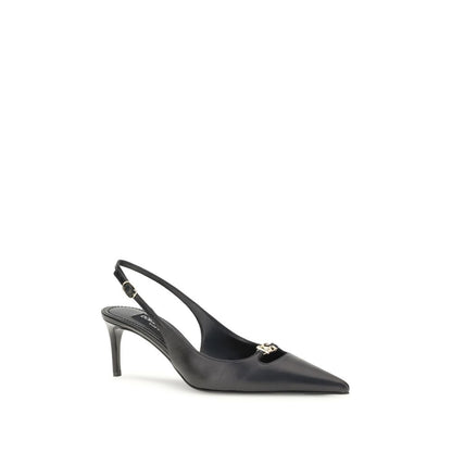 Dolce & Gabbana Black Goatskin High Heel Pumps with gold logo and adjustable strap