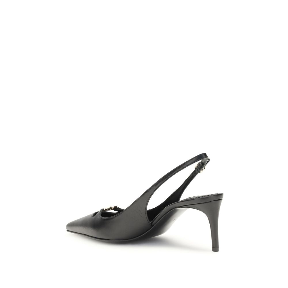 Dolce & Gabbana Black Goatskin High Heel Pumps with gold logo, side view showing tapered toe and adjustable slingback strap.